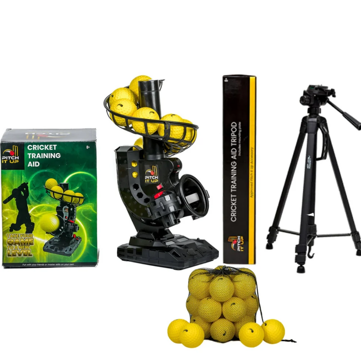 Pitch It Up Training Bundle – Bowling Machine, Tripod Stand & 8 Balls